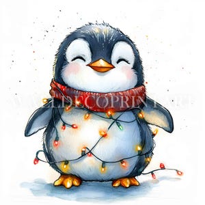 Christmas Penguin Lights Clipart Bundle - 10 High Quality JPG - Digital Downloads - Commercial Use, Watercolor Mixed Media Digital Craft Art