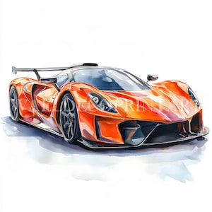 K&ouml;nnte beinhalten: Ein leuchtend orangefarbener Sportwagen mit schwarzem Spoiler und schwarzen R&auml;dern. Das Auto hat ein elegantes, aerodynamisches Design.