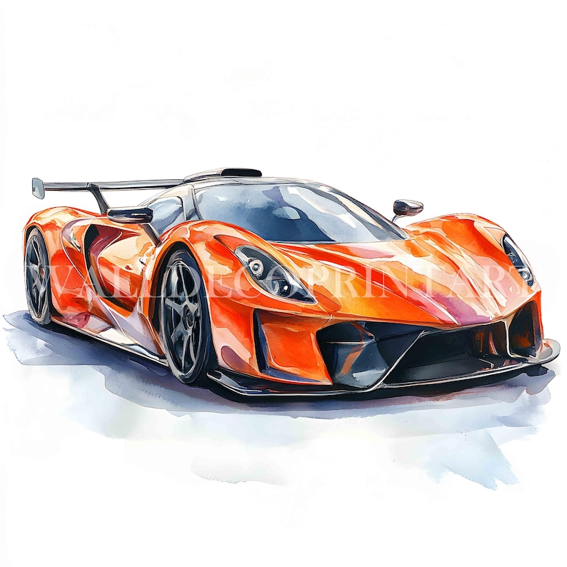 K&ouml;nnte beinhalten: Ein leuchtend orangefarbener Sportwagen mit schwarzem Spoiler und schwarzen R&auml;dern. Das Auto hat ein elegantes, aerodynamisches Design.