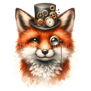 May include: A red fox wearing a black top hat with gears and a clock face. The fox is also wearing a gold-rimmed monocle with a chain.