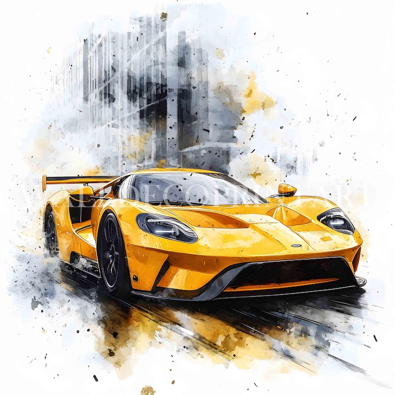 K&ouml;nnte beinhalten: Ein gelber Ford GT Rennwagen, der eine Stadtstra&szlig;e entlang rast. Der Wagen ist in einem leuchtenden Gelb lackiert und hat einen schwarzen Spoiler und schwarze R&auml;der. Der Wagen ist von einem Aquarelleffekt umgeben, der ihm ein dynamisches und k&uuml;nstlerisches Aussehen verleiht.