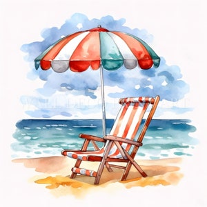 Kolorowe krzesło plażowe Clipart - 12 wysokiej jakości JPG - Pobieranie cyfrowe - Użytkowanie komercyjne, Akwarela, Technika mieszana, Cyfrowe rzemiosło papierowe