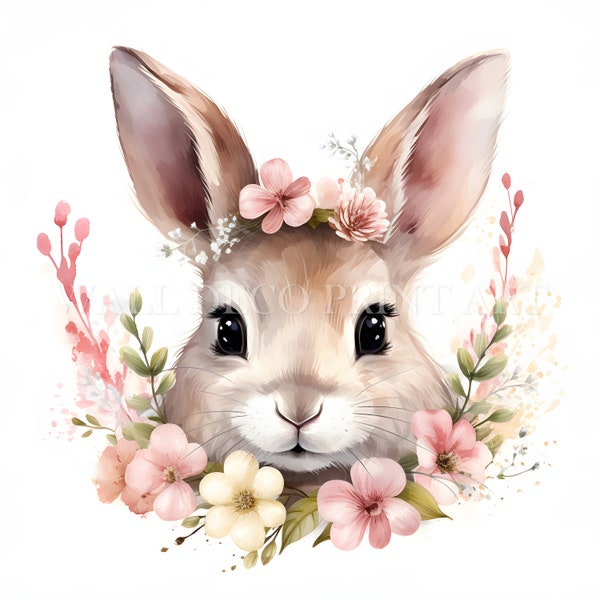 Bunnies With Flower Wreaths Clipart - 2 PNG & 10 High Quality JPG - Digital Download - Commercial Use, Watercolor Mixed Media, Digital Craft