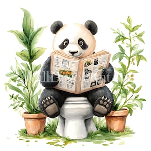 Grappige badkamer panda clipartbundel-10 hoge kwaliteit JPG-digitale download commercieel gebruik aquarel mixed media digitaal papier toilet kunst