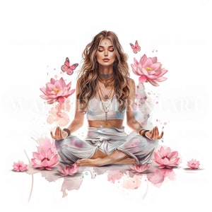 10 Donna Meditazione Yoga Clipart Bundle - JPG di alta qualità - Download digitale - Uso commerciale, Acquerello, Tecnica mista, Carta digitale artigianale