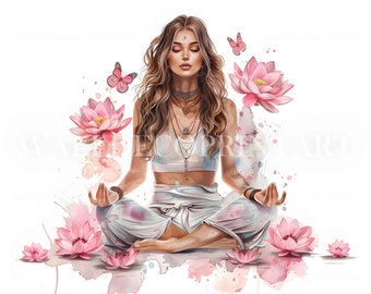 May include: A woman with long brown hair sits in a lotus position with her eyes closed, meditating. Pink lotus flowers and butterflies surround her, creating a peaceful and serene atmosphere.