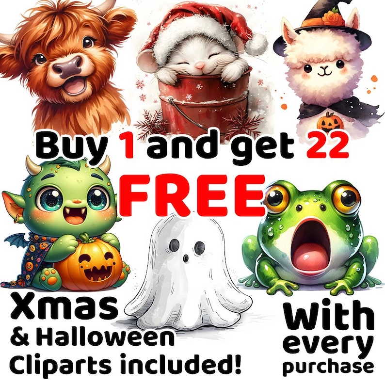 K&ouml;nnte beinhalten: Kaufe 1 und erhalte 22 GRATIS. Ein digitales Clipart-Paket mit weihnachtlichen und Halloween-Illustrationen.  Enth&auml;lt ein s&uuml;&szlig;es gr&uuml;nes Monster, ein Gespenst, einen Frosch, eine schottische Hochlandkuh, eine Katze in einem Eimer und ein Lama mit Hexenhut.