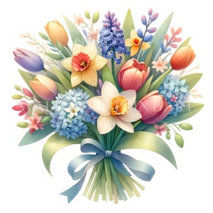 Pacchetto Clipart di bouquet primaverili - 11 JPG di alta qualità - Download digitali - Uso commerciale Acquerello Tecnica mista Artigianato digitale