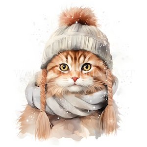 May include: A ginger cat wearing a white knitted hat with a brown pom-pom and a white scarf with brown tassels. The cat is looking directly at the viewer.