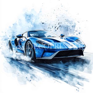 K&ouml;nnte beinhalten: Ein blauer Ford GT Sportwagen mit wei&szlig;en Rennstreifen f&auml;hrt auf einem blauen und wei&szlig;en Aquarellhintergrund.