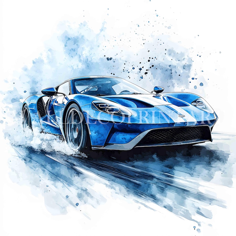 K&ouml;nnte beinhalten: Ein blauer Ford GT Sportwagen mit wei&szlig;en Rennstreifen f&auml;hrt auf einem blauen und wei&szlig;en Aquarellhintergrund.