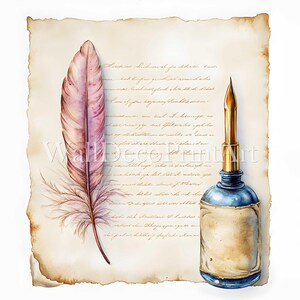 Paquete de 12 imágenes prediseñadas de letras y plumas: 10 imágenes en formato JPG de alta calidad, descarga digital, papel para manualidades imprimibles con técnica mixta de acuarela para uso comercial