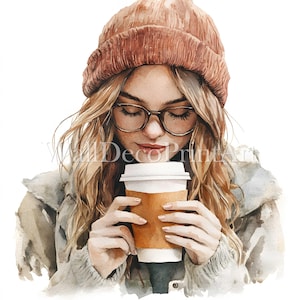Bundle de 12 cliparts fille hipster buvant du café - Image de haute qualité - téléchargement numérique usage commercial aquarelle technique mixte papier imprimable