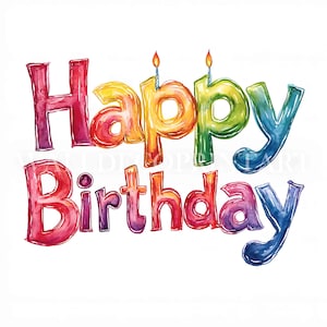 Paquete de 10 imágenes prediseñadas de texto de feliz cumpleaños de colores: JPG de alta calidad, descarga digital, flores digitales de técnica mixta con acuarela para uso comercial