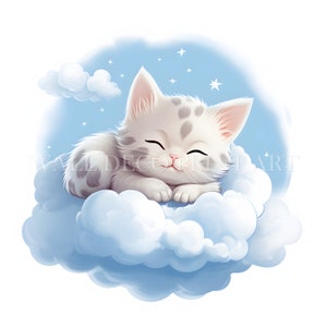 Bundle de cliparts chat dormant sur un nuage - 11 fichiers JPG de haute qualité - téléchargement numérique - usage commercial, aquarelle, techniques mixtes, création numérique