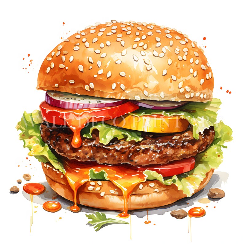 Peut inclure: Un hamburger juteux avec de la laitue, de la tomate, de l'oignon et une tranche jaune de quelque chose comme un cornichon ou un poivron. Le hamburger est garni d'une sauce orange vif et de graines de s&eacute;same.