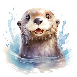 Paquete de imágenes prediseñadas de nutria en el agua: 10 imágenes PNG transparentes de alta calidad. Descargas digitales. Uso comercial: acuarela, técnica mixta, papel.