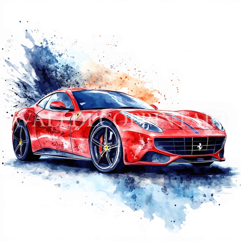 K&ouml;nnte beinhalten: Ein roter Ferrari Sportwagen mit schwarzen Rennstreifen vor einem Aquarellhintergrund aus blauen und orangen Spritzern.