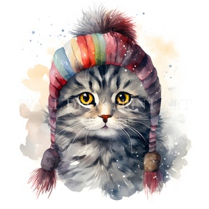 Kerst grijze kat clipartbundel - 10 hoge kwaliteit JPG - digitale downloads - Commercieel gebruik, aquarel, Mixed media, Digital Paper Craft