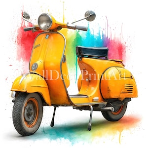 Set di 10 Clipart di scooter classici - Immagini di alta qualità - Download digitale - Carta da parati digitale con supporto stampabile ad acquerello per uso commerciale