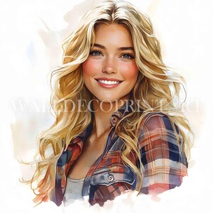 9 Ragazza in camicia a quadri Clipart - JPG di alta qualità - Download digitali - Uso commerciale, acquerello, arte murale di carta digitale con tecniche miste