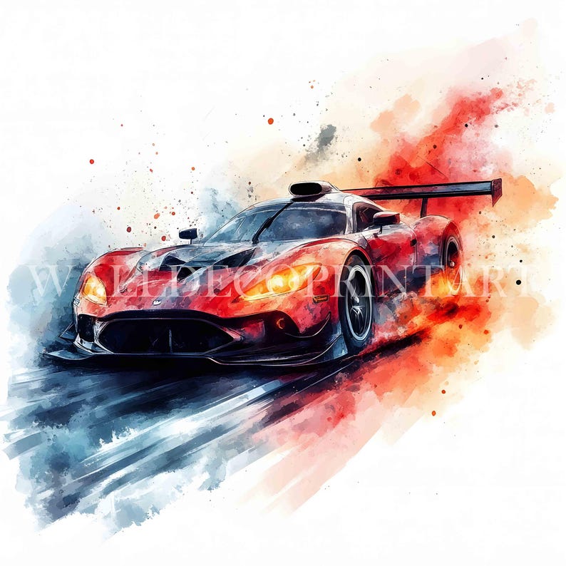 K&ouml;nnte beinhalten: Ein rotes Rennwagen mit einem schwarzen Streifen und einem gro&szlig;en Fl&uuml;gel, das durch einen Aquarellhintergrund aus Orange, Rot und Blau rast.