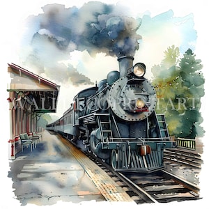 May include: A vintage steam locomotive train pulls out of a station, with smoke billowing from its chimney. The train is on a track with a platform on the left side of the image.