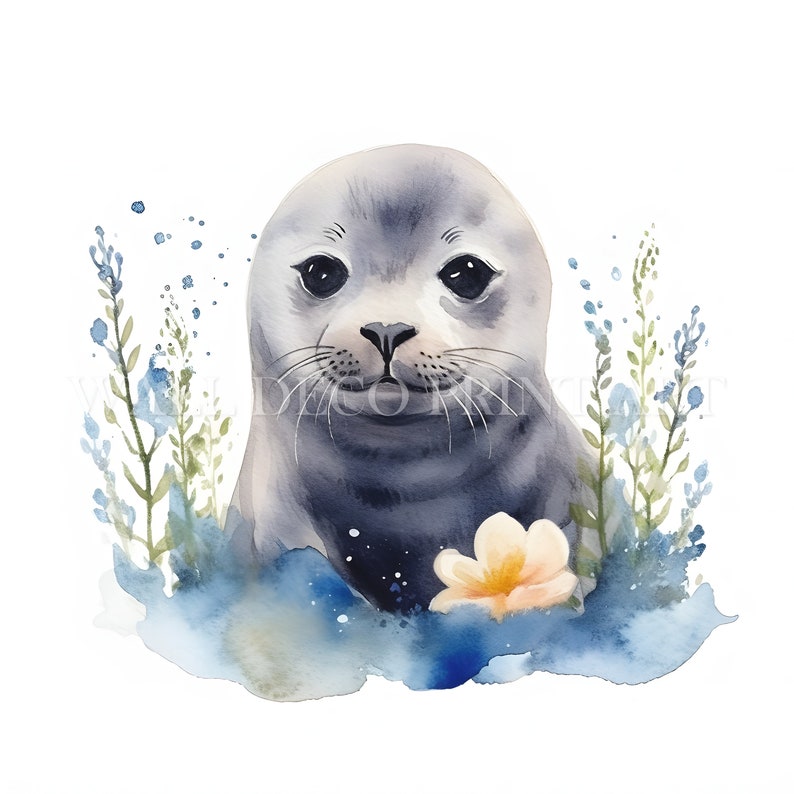 May include: A watercolor painting of a gray seal pup with a light yellow flower in front of it. The seal is surrounded by blue and green watercolor flowers.