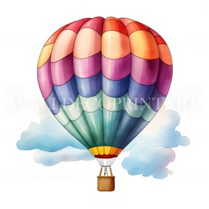 Paquete de 10 imágenes prediseñadas de globos aerostáticos de colores: JPG de alta calidad, descarga digital, uso comercial, acuarela, técnica mixta, manualidades con papel digital