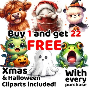 Peut inclure: Achetez 1 et obtenez 22 GRATUITS. Un lot de clipart num&eacute;rique avec des illustrations sur le th&egrave;me de No&euml;l et d'Halloween.  Comprend un mignon monstre vert, un fant&ocirc;me, une grenouille, une vache des Highlands, un chat dans un seau et un lama portant un chapeau de sorci&egrave;re.