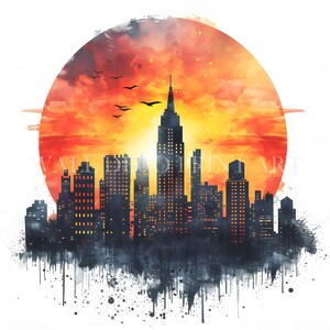May include: A watercolor painting of a city skyline with a large orange sun in the background. The city is silhouetted against the sun, and the buildings are tall and slender. The sun is a bright orange color, and it is surrounded by a halo of light.