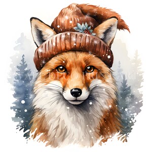 May include: A watercolor painting of a red fox wearing a brown knitted hat with a sprig of holly. The fox is looking directly at the viewer with a gentle expression. The background is a soft blue and white watercolor wash, suggesting a snowy forest.