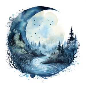 Hermoso paquete de imágenes prediseñadas de luna llena: 10 archivos JPG de alta calidad, descarga digital, uso comercial, acuarela, técnica mixta, manualidades con papel digital