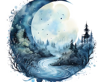 Beautiful Full Moon Clipart Bundle - 10 High Quality JPGs - Digital Download - Commercial Use, Watercolor, Mixed Media, Digital Paper Craft