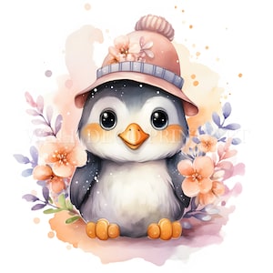 Lindo paquete de imágenes prediseñadas de pingüinos con flores de primavera: 10 archivos JPG de alta calidad, descarga digital, uso comercial, acuarela, técnica mixta, papel digital