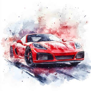 K&ouml;nnte beinhalten: Ein rotes Sportwagen mit Aquarell-Effekt. Das Auto ist in Bewegung und der Hintergrund ist ein Farbverlauf.