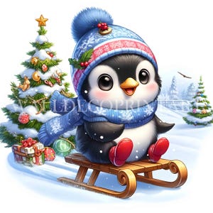 Paquete de 7 imágenes prediseñadas de pingüinos de invierno navideños: JPG de alta calidad, descargas digitales, papel digital para manualidades con acuarela y técnica mixta para uso comercial