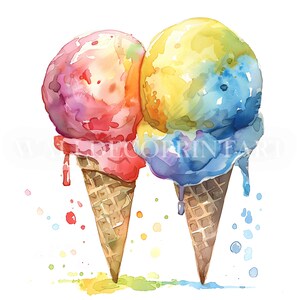 10 Clipart di gelato colorato - JPG di alta qualità - Download digitale - Uso commerciale Stampabile Arte acquerello Tecnica mista Carta artigianale Giornale
