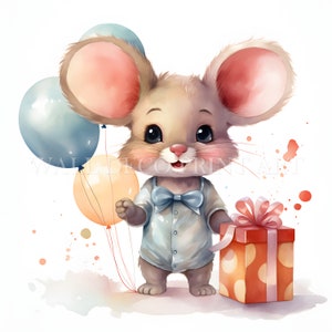 Bundle de cliparts anniversaire souris - 10 fichiers JPG de haute qualité - téléchargements numériques - usage commercial, aquarelle, techniques mixtes, créations numériques en papier