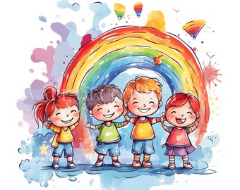 Clipart arcobaleno per la giornata dei bambini - 8 JPG di alta qualità - Download digitali - Uso commerciale, acquerello, tecniche miste, artigianato digitale con carta