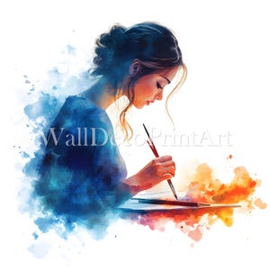 7 donna che dipinge Clipart Bundle - 10 JPG di alta qualità - Download digitale - Uso commerciale Acquerello Tecnica mista Carta stampabile Artigianato