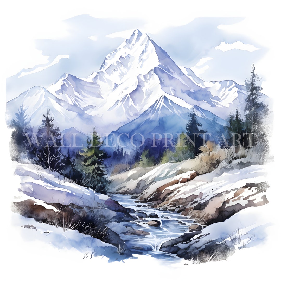 Watercolor Snowy Mountains Clipart Bundle - 10 High Quality
