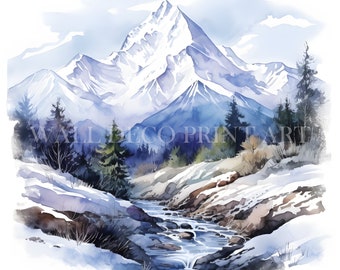 Watercolor Snowy Mountains Clipart Bundle - 10 High Quality JPGs - Digital Downloads - Commercial Use, Watercolor, Mixed Media, Paper Craft