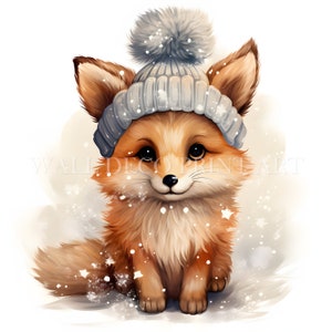 May include: A cute orange fox wearing a gray knitted hat with a white pom pom. The fox is sitting on a white background with snowflakes.