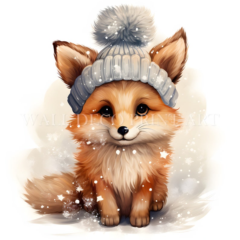 May include: A cute orange fox wearing a gray knitted hat with a white pom pom. The fox is sitting on a white background with snowflakes.