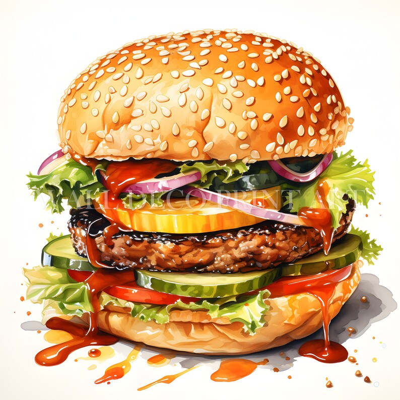 Peut inclure: Un hamburger juteux avec un pain au s&eacute;same, de la laitue, de la tomate, de l'oignon, des cornichons et une tranche d'ananas. Le hamburger est recouvert d'une g&eacute;n&eacute;reuse quantit&eacute; de ketchup et d&eacute;gouline de sauce.