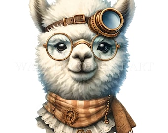 May include: A white alpaca wearing round glasses, a brown leather strap with a brass gear, and a brown and tan scarf with a brass gear. The alpaca has a friendly expression.