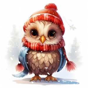 Niedliches Weihnachtseulen-Clipart-Bundle - 10 hochwertige JPGs - Digitaler Download - Kommerzielle Nutzung, Aquarell, Mischtechnik, digitales Handwerk