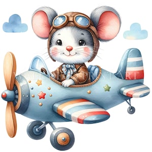 Cute Mouse in airplane Clipart Bundle - 10 High Quality JPG - SOFT SKETCH - Digital Download - Commercial Use Watercolor Mixed Media Digital