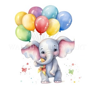 Elefante di compleanno carino con palloncini colorati - 11 JPG di alta qualità - Download digitali - Uso commerciale, acquerello, artigianato di carta digitale